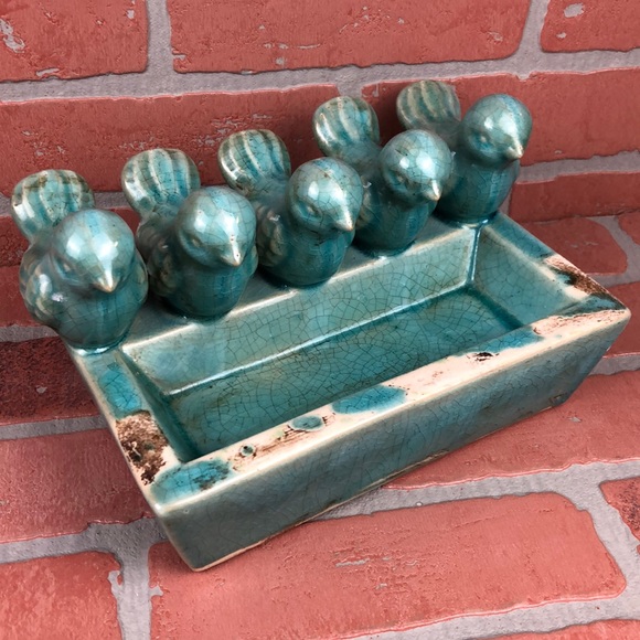 TEAL BIRD TRAY Bowl Decor Glass Distressed